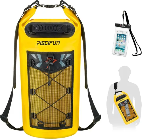 Piscifun Bolsa seca, mochila flotante impermeable 10L/20L/30L/40L con funda impermeable para teléfono para navegación, kayak, pesca Amarillo