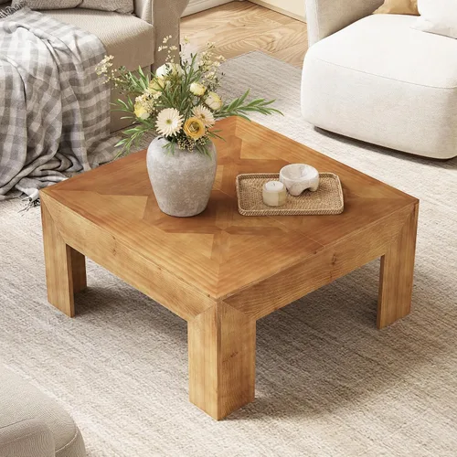 Miniatura 11 de LITTLE TREE Mesa de centro de madera maciza de 39.4 pulgadas, mesa de centro cuadrada con parte superior incrustada intrincada y patas resistentes