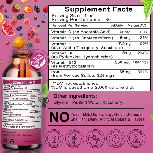 Miniatura 7 de Suplemento de hierro para mujeres con vitamina C, suplemento líquido 6 en 1 con vitamina B12, vitamina B6, gotas de hierro líquido de alta absorción