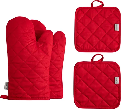 Miniatura 15 de Juego de 4 guantes para horno y soportes para ollas, resistentes al calor, 500 grados, extra gruesos, largos, de algodón, para cocina
