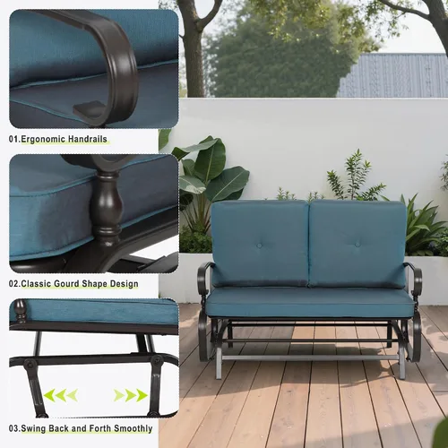 Miniatura 8 de Banco al aire libre para patio, mecedora de 2 asientos, mecedora de hierro forjado para patio exterior con cojín (azul)
