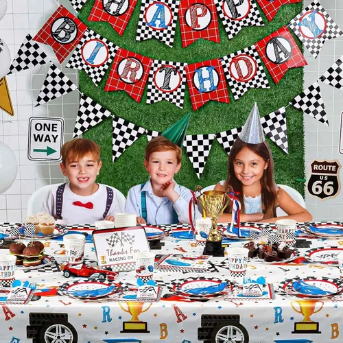 Miniatura 7 de WERNNSAI Decoraciones de fiesta de autos de carreras, 64 piezas, platos de automóvil, servilletas y tazas, vajilla temática a cuadros para niños