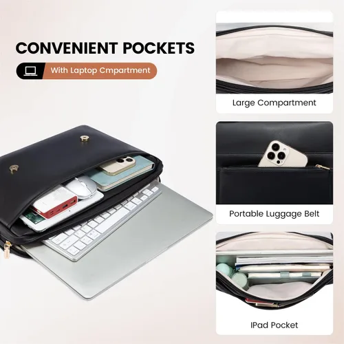Miniatura 3 de LOVEVOOK Bolsa para computadora portátil para mujer, bonita bolsa de mensajero de poliuretano para trabajo, universidad, color negro