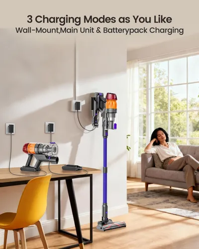 Miniatura 5 de Aspiradora inalámbrica, 500W 40KPa 60 minutos, aspiradoras para el hogar, potente aspiradora de palo con luz verde, aspiradora inalámbrica Morado