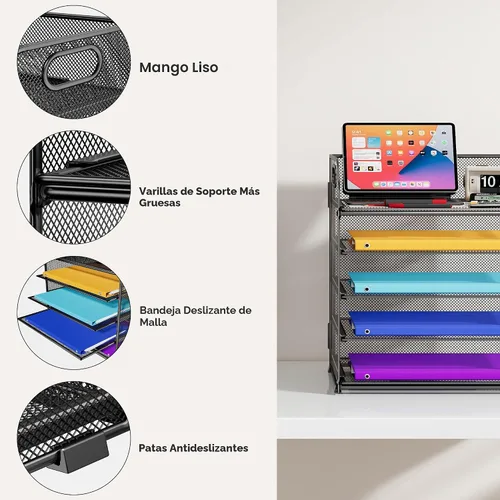 Miniatura 3 de Cawukege Organizador de papel de 5 niveles con asa, organizador de escritorio de malla de metal negro, carpeta de archivos, bandeja de cartas