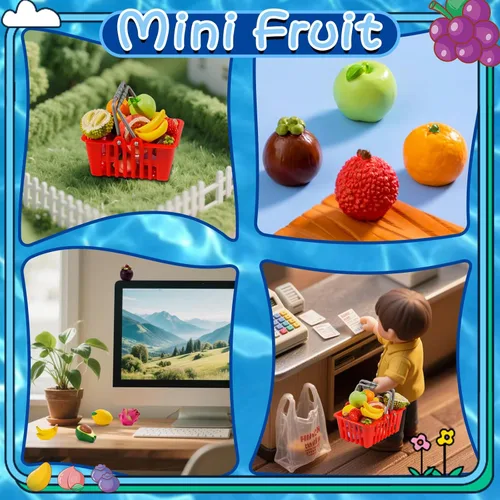 Miniatura 8 de Exasinine 33 piezas de figuras de frutas en miniatura, fresa, melocotón, uvas, mini figuras de resina, frutas artificiales para jardín, cocina