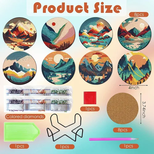 Miniatura 3 de ijbnhd 8 posavasos de pintura de diamante al atardecer con soporte, posavasos de arte abstracto de diamantes para principiantes, suministros