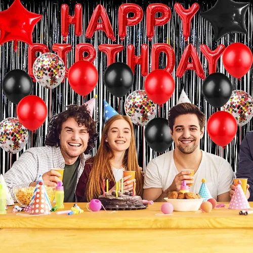 Miniatura 4 de Decoraciones de cumpleaños para hombres y mujeres, globos negros y rojos, pancarta de feliz cumpleaños, cortina metálica con flecos para fiesta