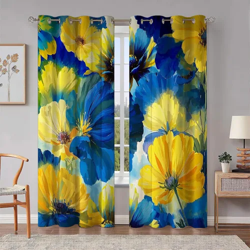 Cortinas de flores amarillas y azules, pintura floral de acuarela, cortinas opacas con gradiente de color moderno, 52x84 pulgadas, cortinas Flor-b