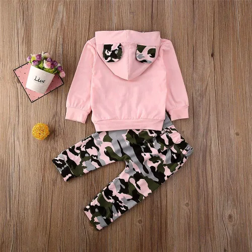 Miniatura 32 de FYBITBO 2 piezas de ropa de otoño e invierno para bebé niña, sudadera con capucha y pantalones de camuflaje, conjuntos de ropa