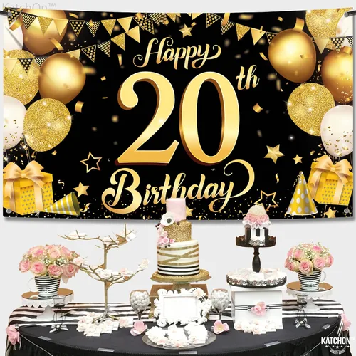 Miniatura 2 de KatchOn, Cartel de feliz cumpleaños número 20 negro y dorado – Grande, 72 x 44 pulgadas Cartel de 20 cumpleaños Saludos a los 20 años