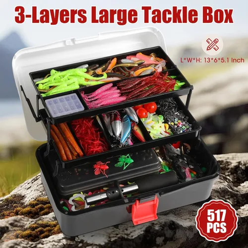 Miniatura 2 de RoundFunny Caja grande de 517 piezas de 3 capas con señuelos de pesca con aparejos que incluye alicates, pinza de labios de pez, crankbait, ganchos