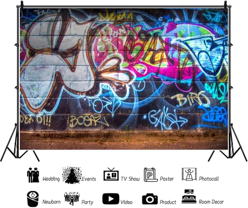 Miniatura 2 de YongFoto Telón de fondo de pared de graffiti urbano de 5 x 3 pies, dibujo a mano, pintura mural de hip hop de los años 80, fondo de fotografía