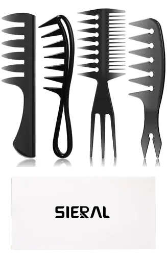 Miniatura 8 de Sieral Juego de 4 peines para peinar el cabello, peines de textura de dientes anchos con cola de doble cara, herramienta de peluquería para hombres