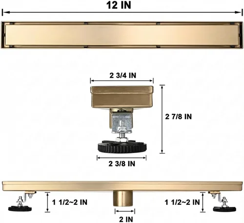 Miniatura 6 de AVSIILE Desagüe Lineal para Piso de Ducha, Oro Cepillado 12 Pulgadas Acero Inoxidable 304 Kit de Desagües de Baño, Desagüe de Zanja Rectangular