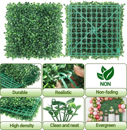 Miniatura 2 de Paneles de setos artificiales de boj de 10 x 10 pulgadas, 24 piezas de pantalla de privacidad de vegetación sintética, decoración de pared