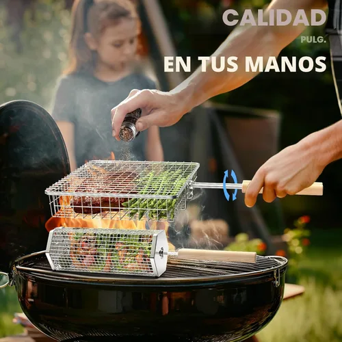Miniatura 3 de Ivtivfu Juego de cesta para parrilla, mango de madera removible, acero inoxidable 304, herramientas de barbacoa con ruedas, accesorios para parrilla