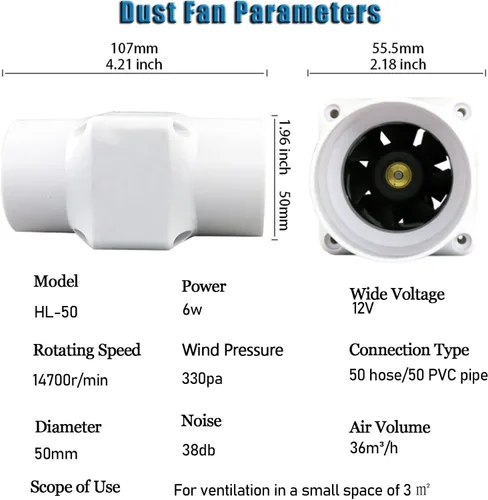 Miniatura 2 de Ventilador de conducto en línea Ventilador extractor de 2 pulgadas 12 V, ventilador de escape de ventilación de 6 W con controlador de velocidad