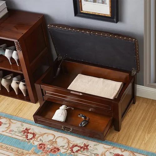 Miniatura 5 de Banco de cuero de alta calidad con almacenamiento, armario otomano de almacenamiento vintage de madera maciza con cajón, banco de almacenamiento