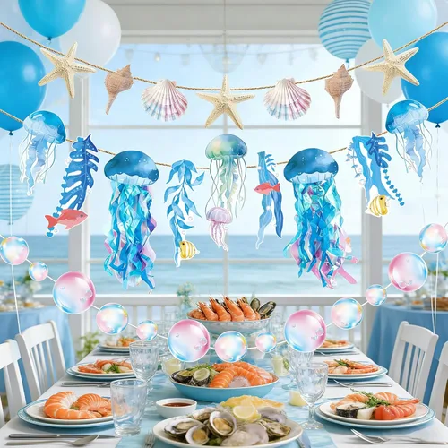 Miniatura 7 de SUNBEAUTY Guirnalda colgante de medusas de estrellas de mar con conchas de mar de 9.8 pies, guirnalda de burbujas azules para decoración