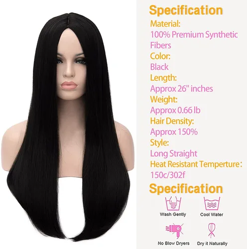 Miniatura 4 de Kalyss Peluca larga recta importada resistente al calor, de yaki sintético. Peluca de pelo para Cosplay.