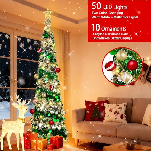 Miniatura 3 de [Temporizador y 8 modos] Árbol de Navidad delgado iluminado de 6 pies, feliz año nuevo 2025 con 100 luces cambiantes blancas cálidas y multicolor