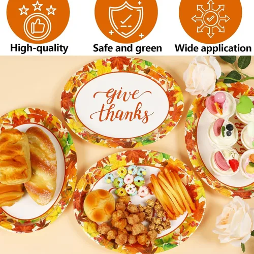 Miniatura 3 de Qyeahkj 50 platos de papel ovalados de Acción de Gracias, grandes, 11 pulgadas, desechables, decoraciones de fiesta de otoño, suministros