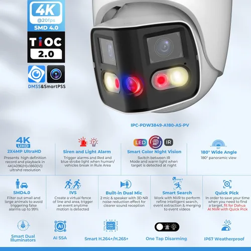 Miniatura 2 de Cámara POE IP TiOC al aire libre de doble lente 4K (8MP) - 2 x 4MP Duo 180° Cámera AI de ángulo amplio panorámico de torreta IP de doble