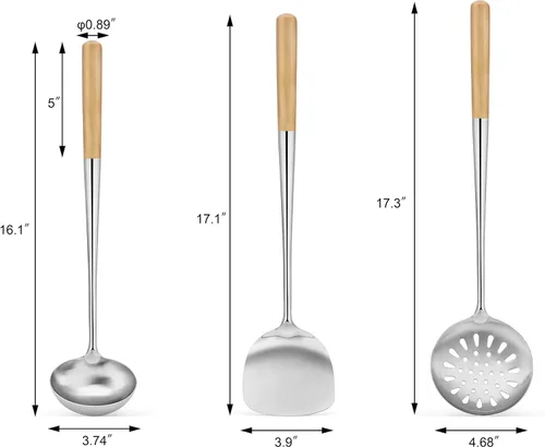 Miniatura 2 de New Star Foodservice Juego de utensilios de wok chino especializados de acero inoxidable de grado comercial, espátula, cucharón sólido y perforado
