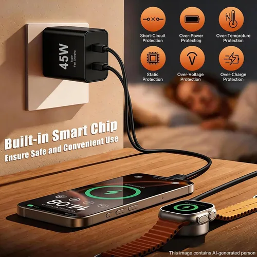 Miniatura 3 de Cargador dual tipo C de 45 W de carga rápida para Samsung, PD 3.0 GaN bloque de cargador de teléfono Android súper rápido con cable USB C largo