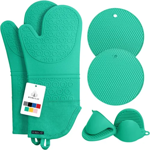 Miniatura 14 de Rorecay Juego de 6 guantes de horno y soportes para ollas para cocina, guantes de horno extralargos de silicona, resistentes al calor, 500 grados