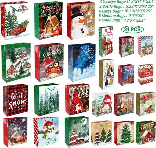 Miniatura 5 de Party Funny 24 bolsas de regalo de Navidad de papel con asas a granel y 60 etiquetas de regalo de Navidad - Juego de tamaños surtidos para envolver