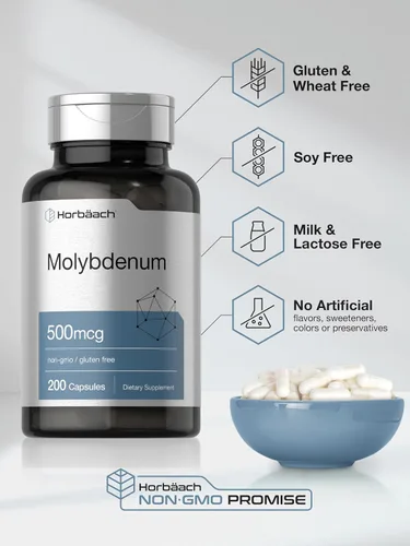Miniatura 5 de Horbaach Suplemento de molibdeno 500mcg 200 cápsulas Quelato de aminoácidos Sin OMG, sin gluten