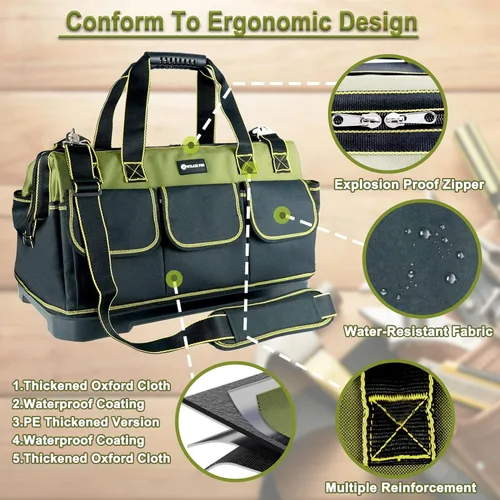 Miniatura 5 de Bolsa de herramientas de 17 pulgadas para hombres de alta resistencia con base moldeada impermeable, bolsa de gran capacidad de boca ancha, bolsas