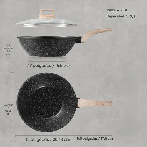 Miniatura 2 de CAROTE Wok antiadherente con tapa de 30.5 cm/4.99 L Woks y sartenes para freír Sartén wok antiadherente de granito para inducción Sartén para freír