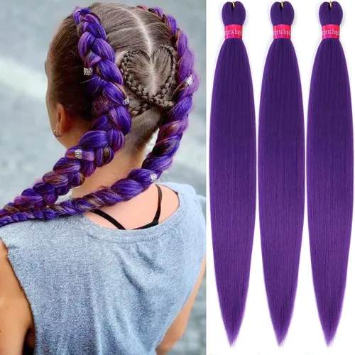 Miniatura 26 de Cabello trenzado verde con lentejuelas de 26 pulgadas, preestirado, trenzas de textura Yaki, extensiones de cabello pre plumadas, 3 paquetes, fácil