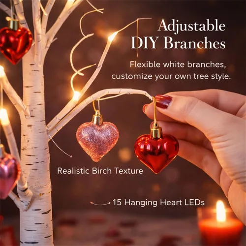 Miniatura 2 de Lámpara romántica de abedul en forma de corazón, árbol de abedul blanco iluminado con 24 luces LED y 18 corazones colgantes, decoración de mesa a