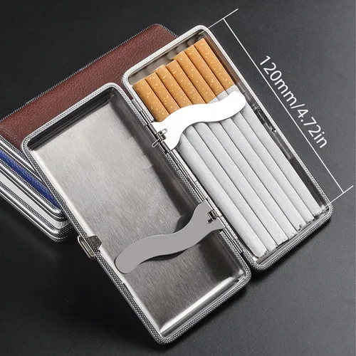 Miniatura 5 de Estuche para Cigarrillos Elegante de Superficie de Cuero con Caja de Metal para 14 Cigarrillos. Estuche de Doble Cara con Clip de Resorte para Negro