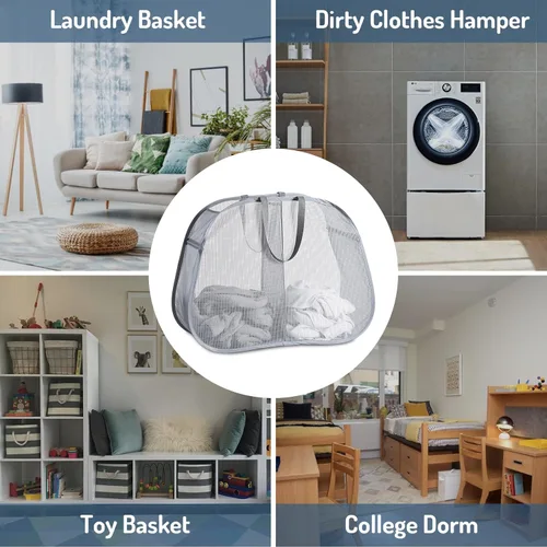 Miniatura 6 de Cesto de malla desplegable para ropa sucia, 2 compartimentos, cesta clasificadora plegable para ropa, dormitorio universitario, viajes (gris)