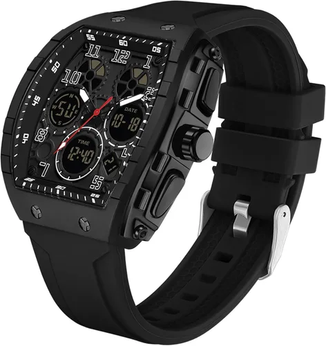 Relojes para hombre, únicos rectángulos, reloj de pulsera blanco con pantalla digital analógica de doble hora, cronómetro de cuenta regresiva, Negro