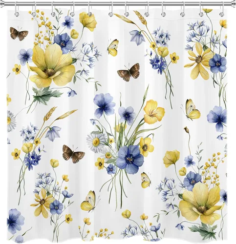 Miniatura 4 de HVEST Cortina de ducha floral de granja con ganchos, flor azul y amarilla y mariposa sobre blanco, cortina de ducha para baño, juego de cortinas