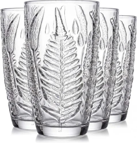 Miniatura 19 de Juego de 4 vasos vintage de vidrio transparente prensado a mano de 10 onzas, cristalería retro en relieve de helecho, vasos texturizados para agua