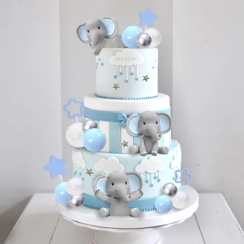 Miniatura 4 de 32 piezas de decoración de pastel de elefante con mini elefante, bolas de perlas azules y blancas para suministros de cumpleaños con temática