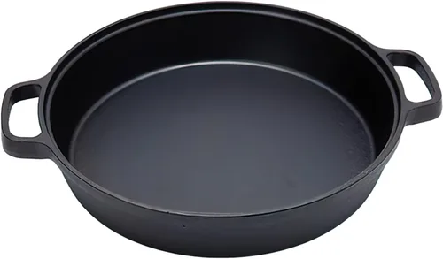 LI-GELISI Sartén de hierro fundido de fondo plano profundo, olla de hierro anticuada gruesa de doble asa sin recubrimiento, para panqueques y