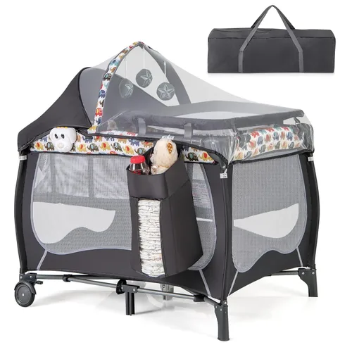 Miniatura 11 de HONEY JOY Pack and Play, centro de guardería plegable 4 en 1 con moisés infantil de tamaño completo y cambiador de pañales, cuna portátil para niños