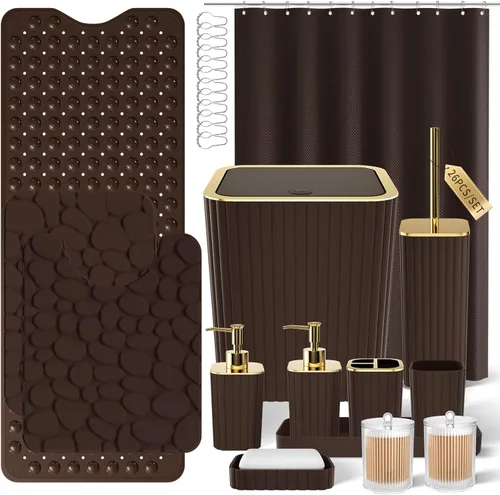 Miniatura 41 de XLHOMO Bathroom Set- 25PC Beige Bathroom Set, Bathroom Set with Shower Curtain and Rugs, Beige Shower Curtain Set, Toilet Brush, Bathroom Trash Can