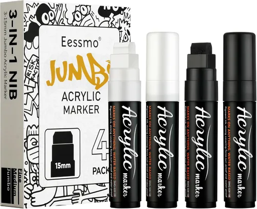 4 marcadores de póster jumbo, 2 negros y 2 blancos de 0.591 in de grosor, punta permanente, marcadores de graffiti para pósters, tablero, tela,