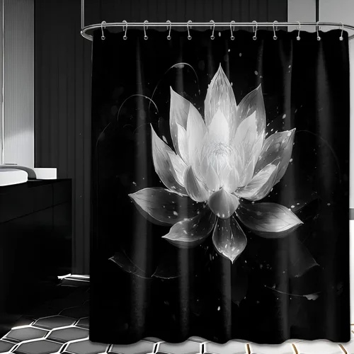 Miniatura 49 de Cortina de ducha con flores de loto negro y azul para decoración de baño, juego de cortinas decorativas de baño con estampado floral, tela