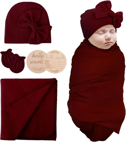 Miniatura 18 de AQOKKA Manta para Recién Nacido con Moño, Juego de Sombrero y Guantes, Tarjeta de Madera para Recién Nacidos, Niños, Niñas, Envoltorio para Envolver