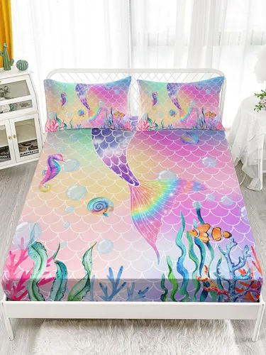 Miniatura 2 de Datura home Juego de sábanas de 4 piezas ajustadas y planas para niñas, cola de sirena rosa arcoíris impresa con 1 + 2 fundas de almohada
